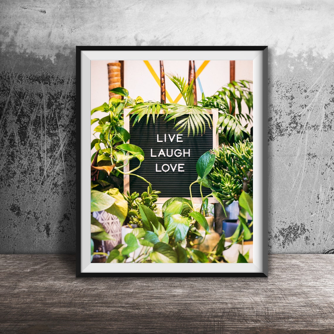 Live Laugh Love Letter Board Surrounded By Green Houseplants Poster