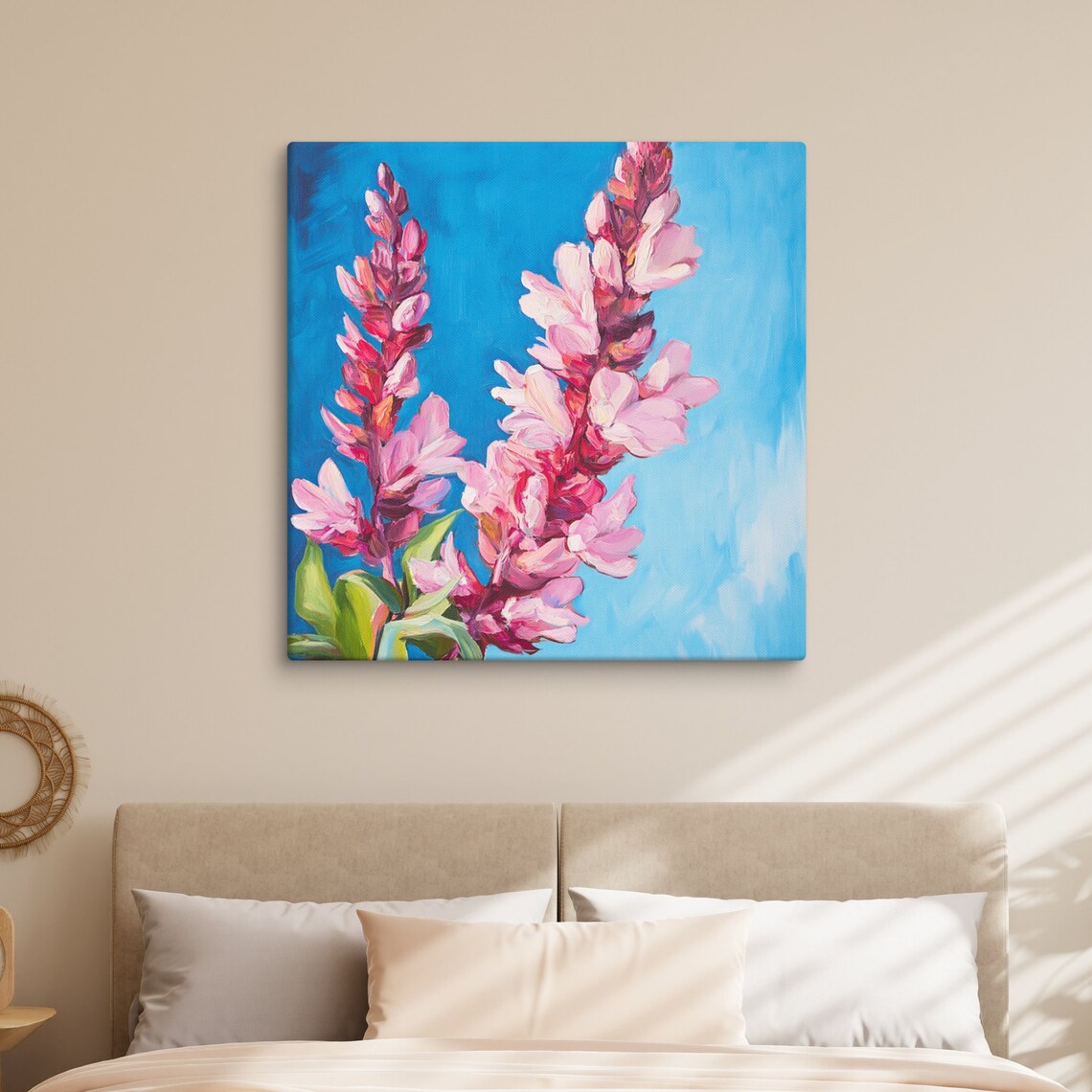 Pink Flower Spikes Blossom Painting Print On Bright Blue Poster - Image 5