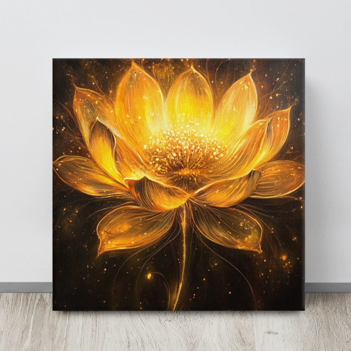 Golden Lotus Glowing Black Background Luminous Fantasy Flower Poster