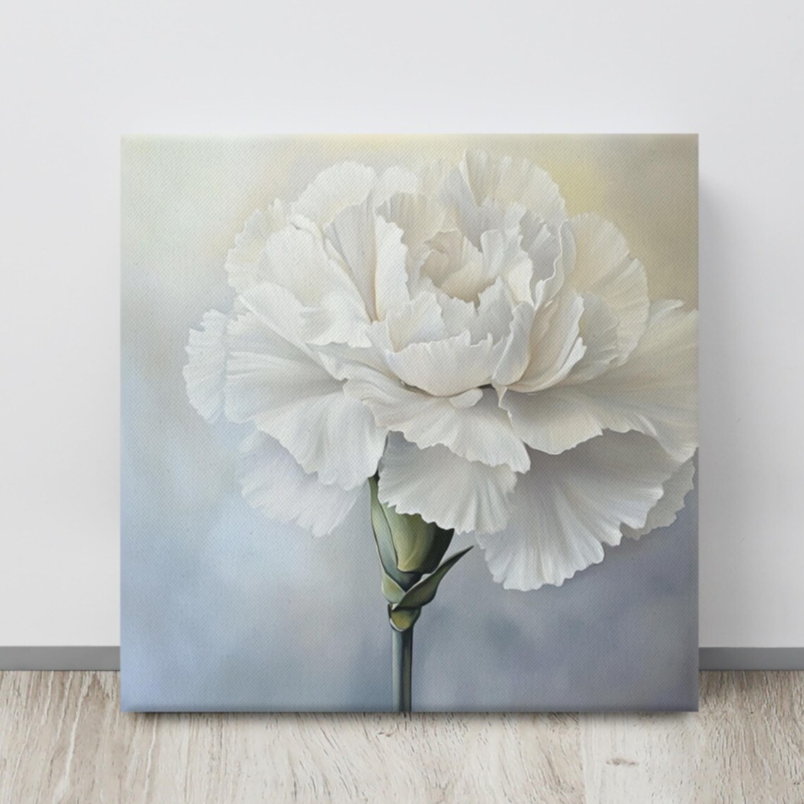 White Carnation Bloom Close Up Ruffled Petals Painting Print Poster