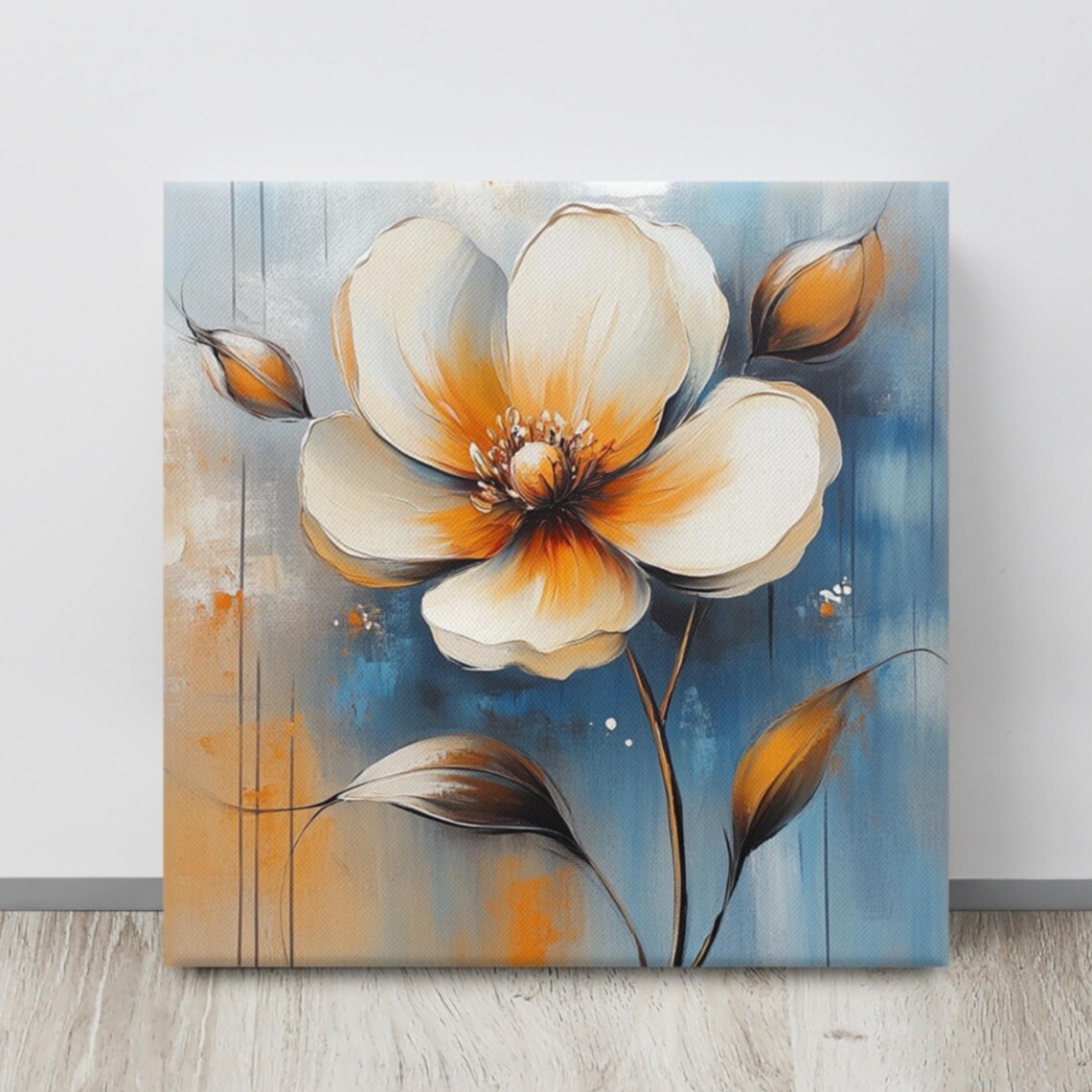 White Flower Orange Amber Center Blue Abstract Modern Statement Poster
