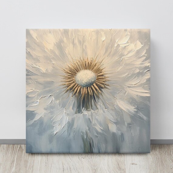 White Dandelion Seed Head Impasto Blue Gray Background Painting Poster