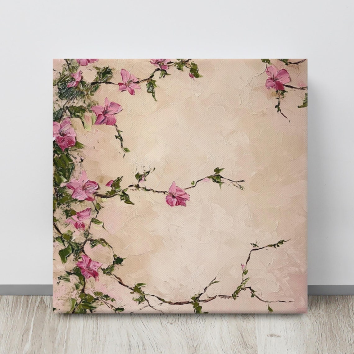 Pink Flowering Vine Branches Textured Beige Botanical Art Poster