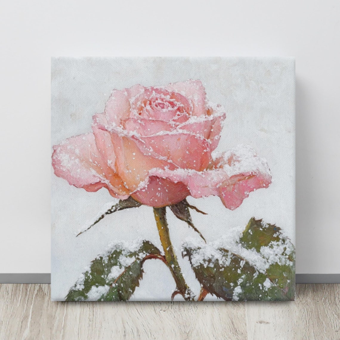 Snowy Pink Rose Print Painting Print Flower Wall Art Pink Rose Painting Living Room Art Winter Wall Art Snow Wall Art