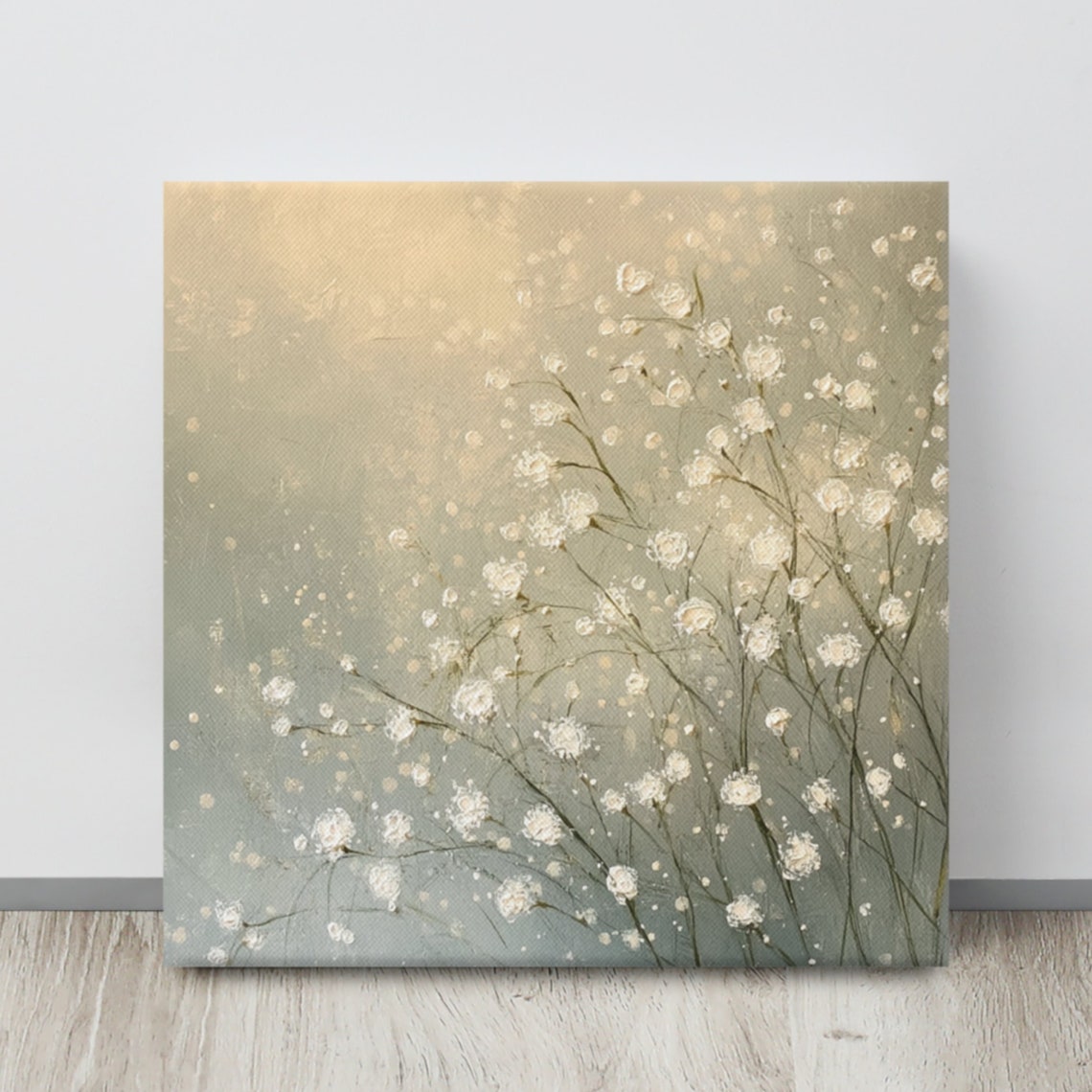 Babys Breath Tiny White Blossoms Sage Green Airy Minimalist Art Poster