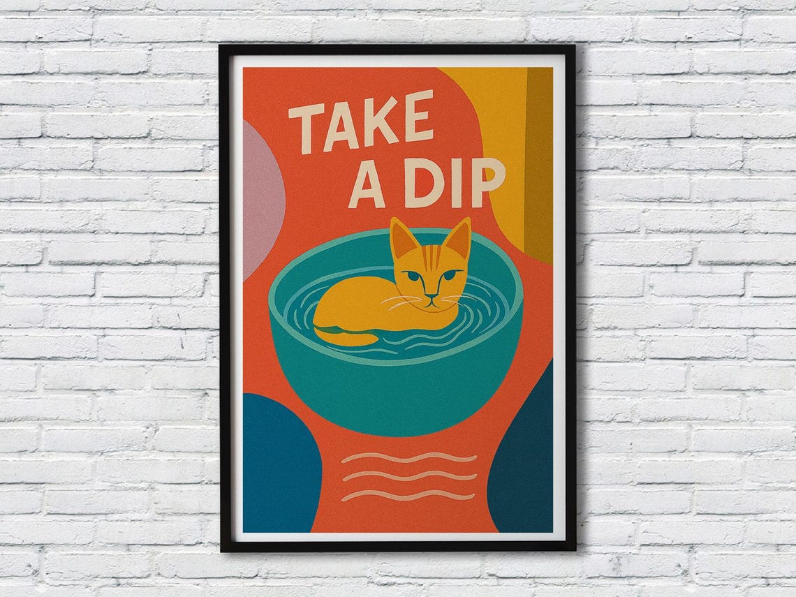 Take a Dip Orange Cat Floating in Teal Bowl Mid Century Retro Poster