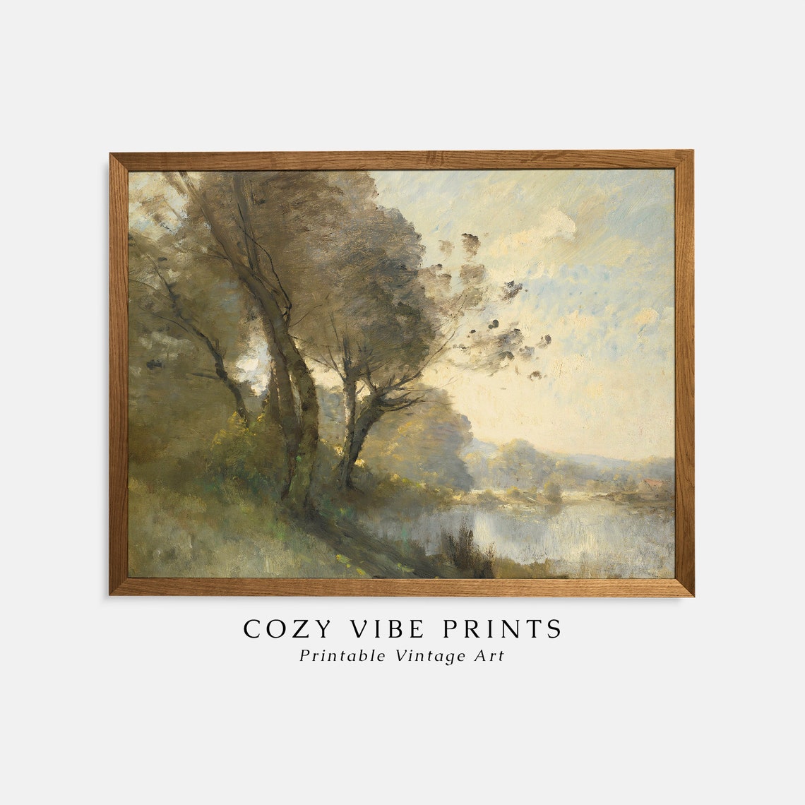 Soft Tones Riverside Trees Vintage Landscape Riverbank Painting Poster - Image 2
