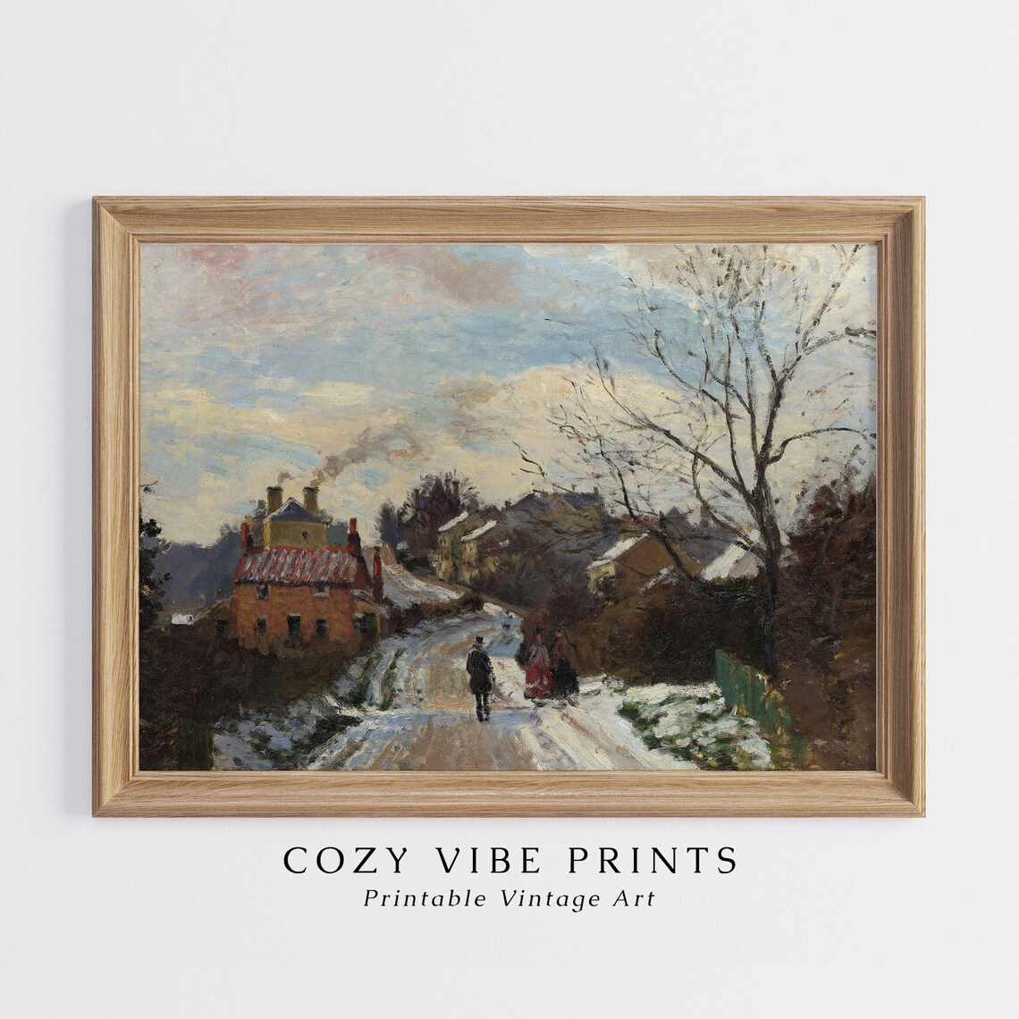 Vintage Winter Village Lane With Cottages Figures Walking Snow Poster - Image 2