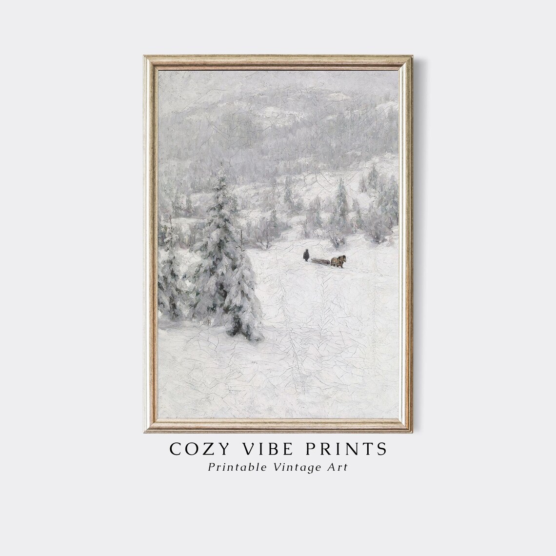 Vintage White Winter Landscape with Horse Drawn Sled Snow Scene Poster