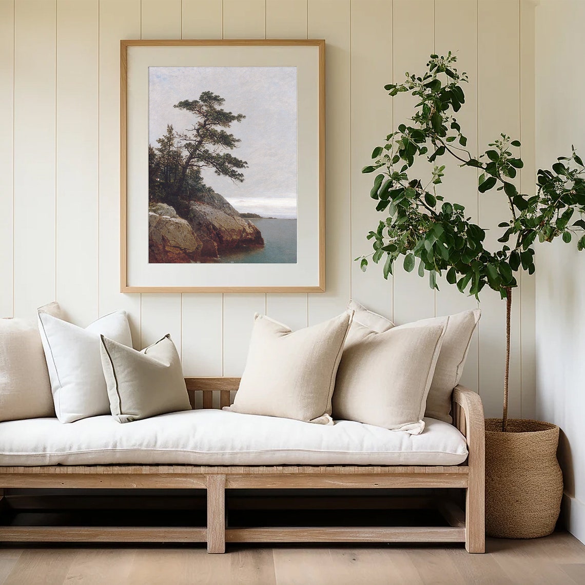 Vintage Lone Pine Tree Rocky Coast Antique Landscape Painting Poster - Image 3