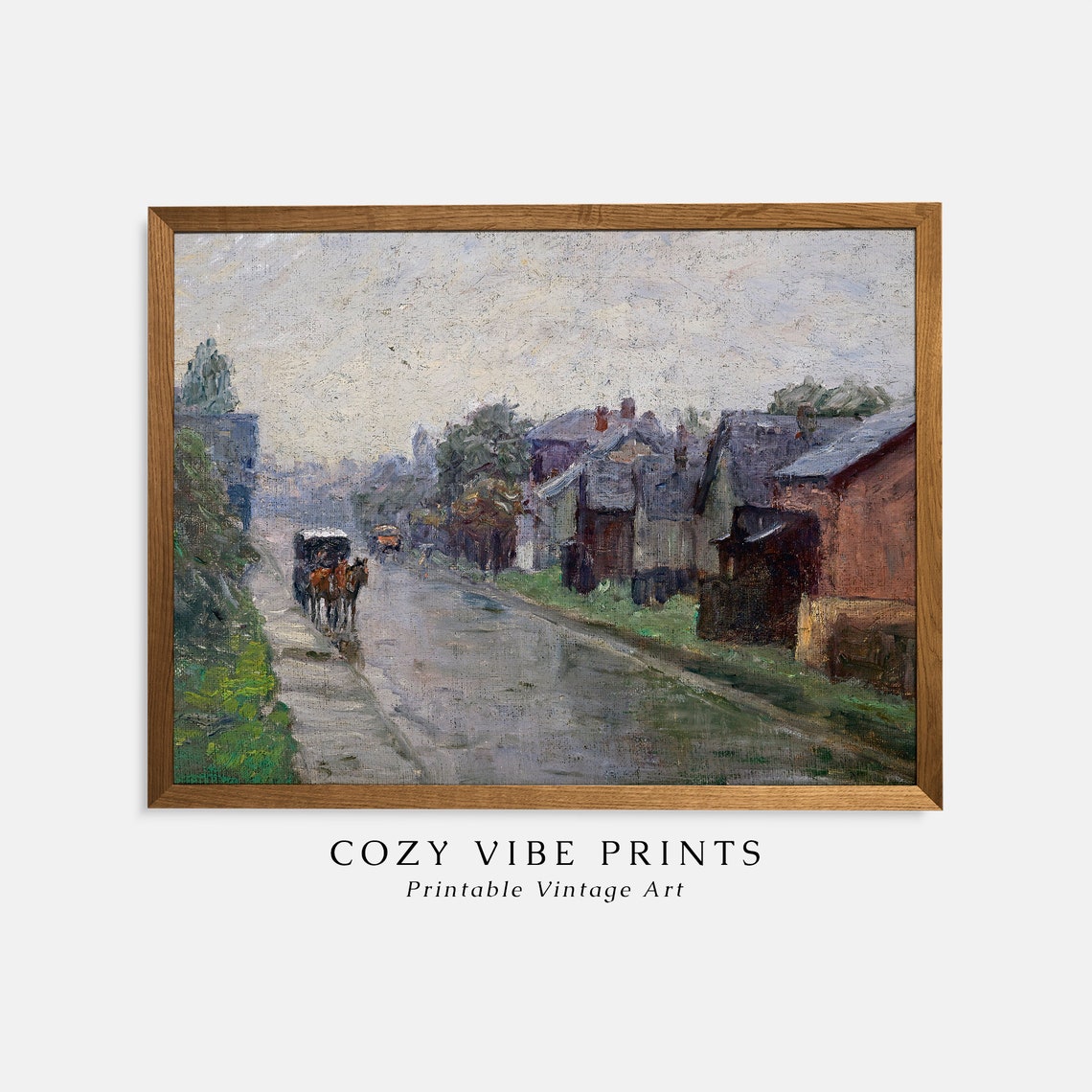 Village Street Horse Carriage Vintage Impressionist Town Poster