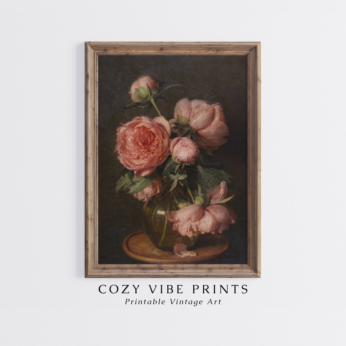Pink Peonies in Vase Dark Academia Vintage Floral Painting Poster