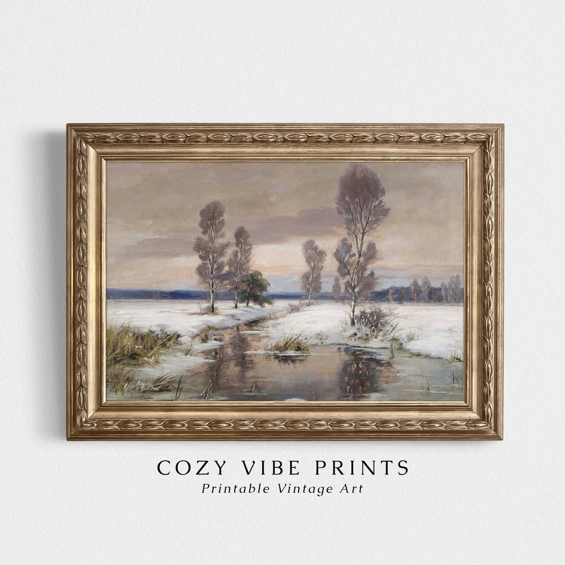 Vintage Winter Stream Snowy Landscape With Birch Trees At Dusk Poster - Image 2