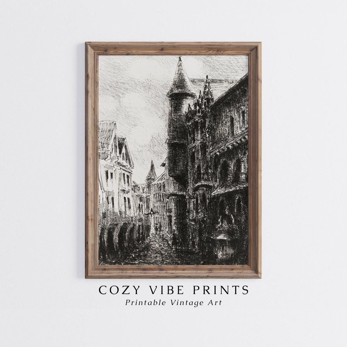Old European Town Street Sketch Charcoal Drawing Vintage Poster - Image 2