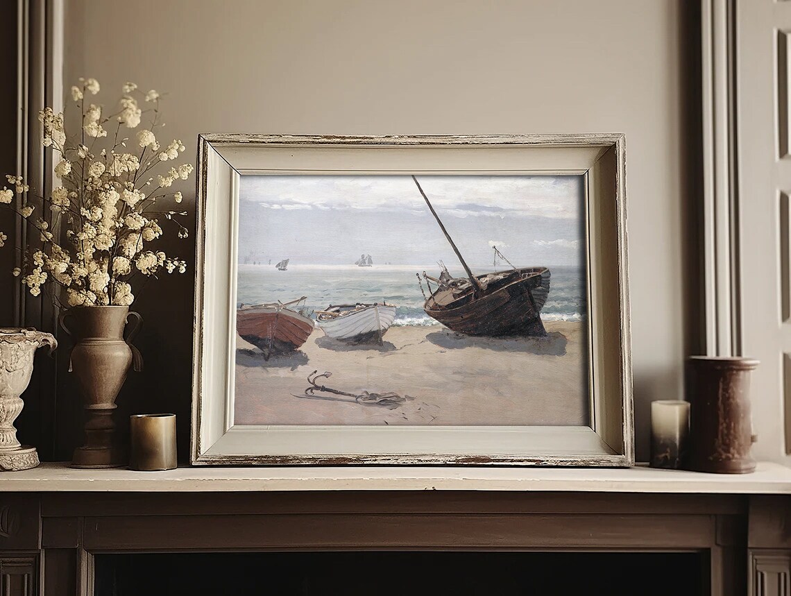 Vintage Fishing Boats Beached On Sand Nautical Oil Painting Poster - Image 3