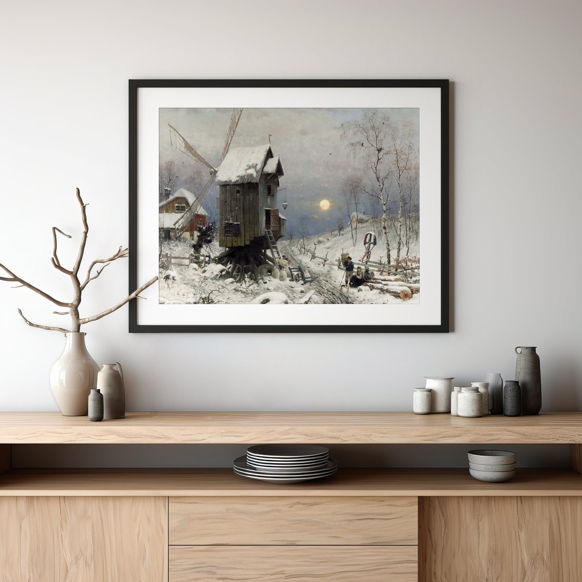 Snow Covered Windmill at Moonrise Vintage Winter Village Scene Poster - Image 3