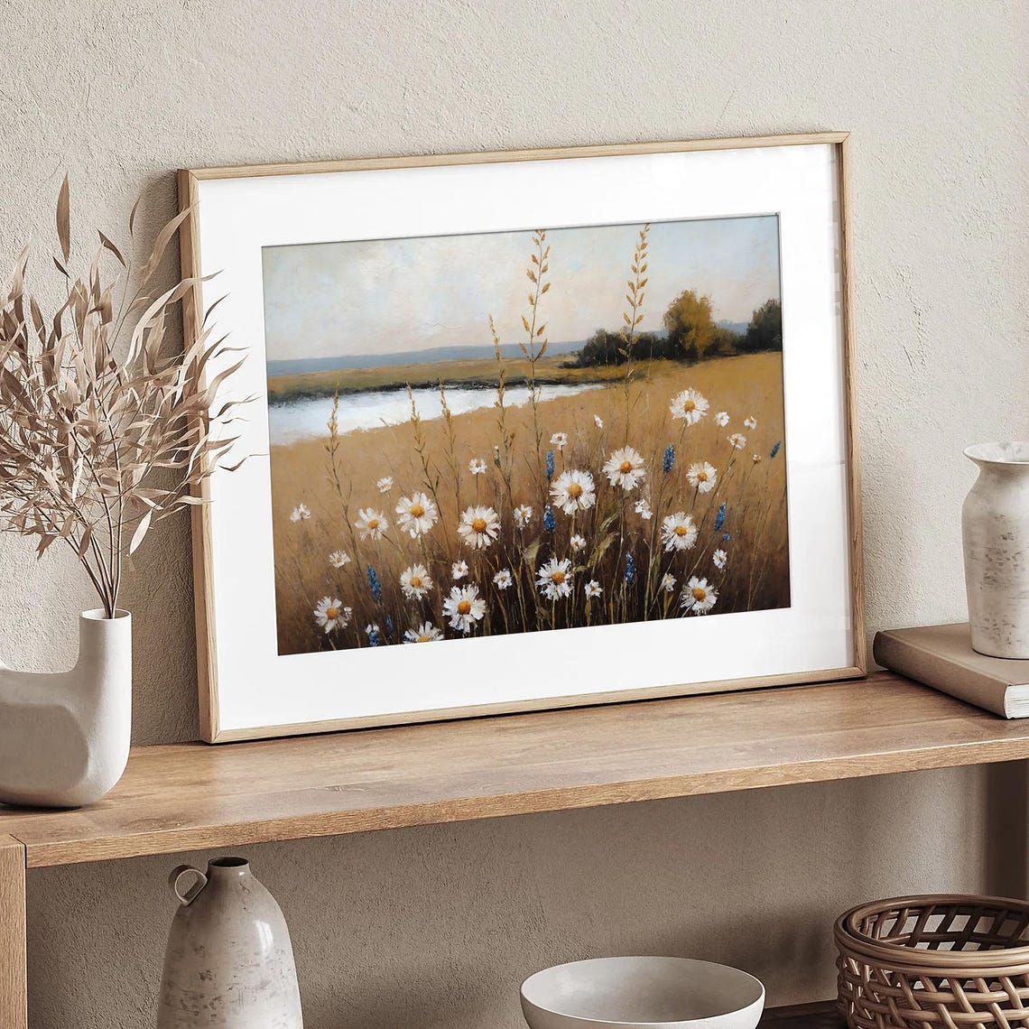 White Daisies Wildflower Meadow Lake Vintage Botanical Field Poster - Image 3