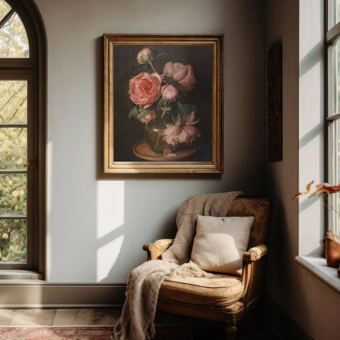 Pink Peonies in Vase Dark Academia Vintage Floral Painting Poster - Image 4