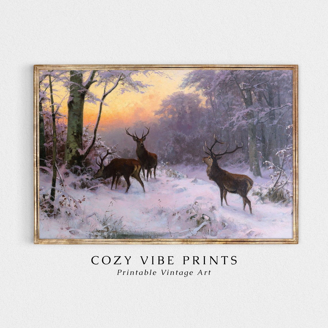 Three Stags in Snowy Forest at Sunset Vintage Winter Wildlife Poster - Image 2
