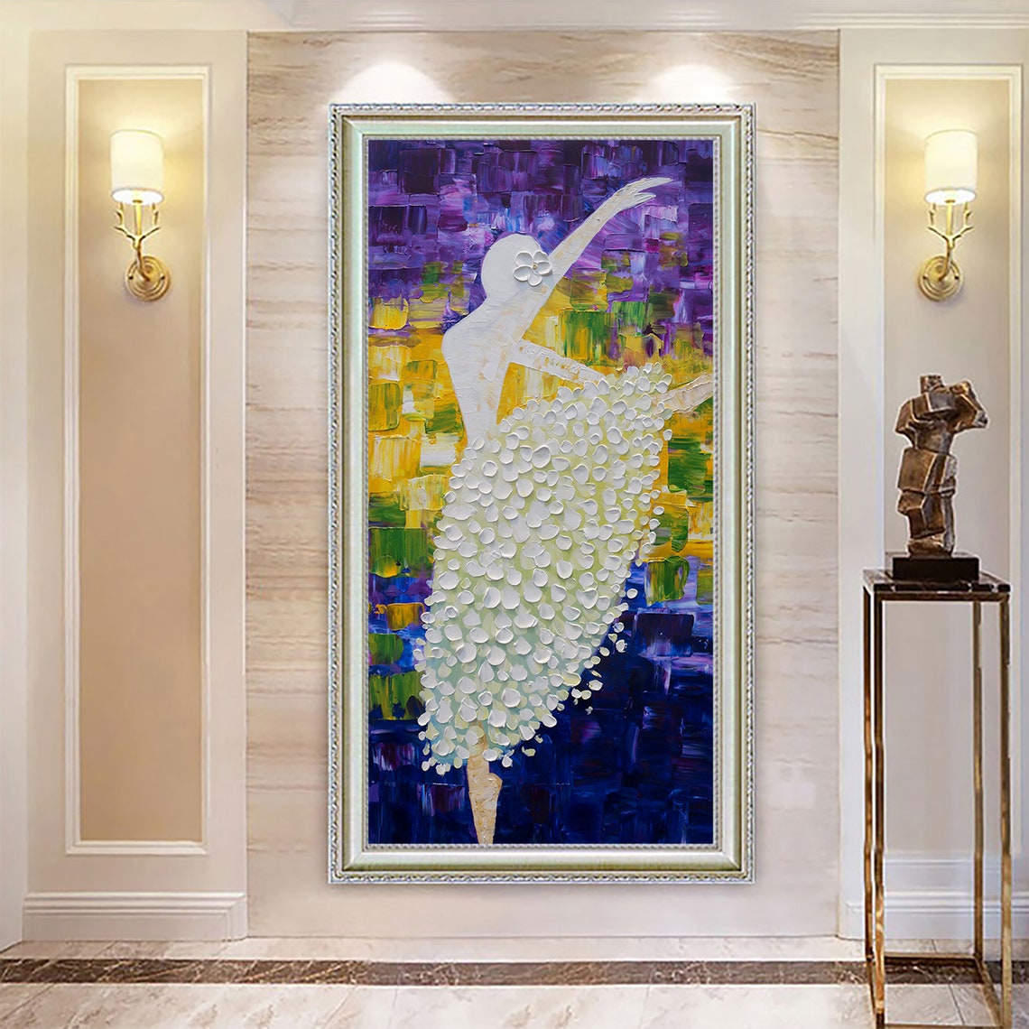 Hand Painted Original Ballerina Painting Abstract White Yellow Purple Flower Painting Living Room Decor Wall Art Palette Knife Art Painting - Image 4