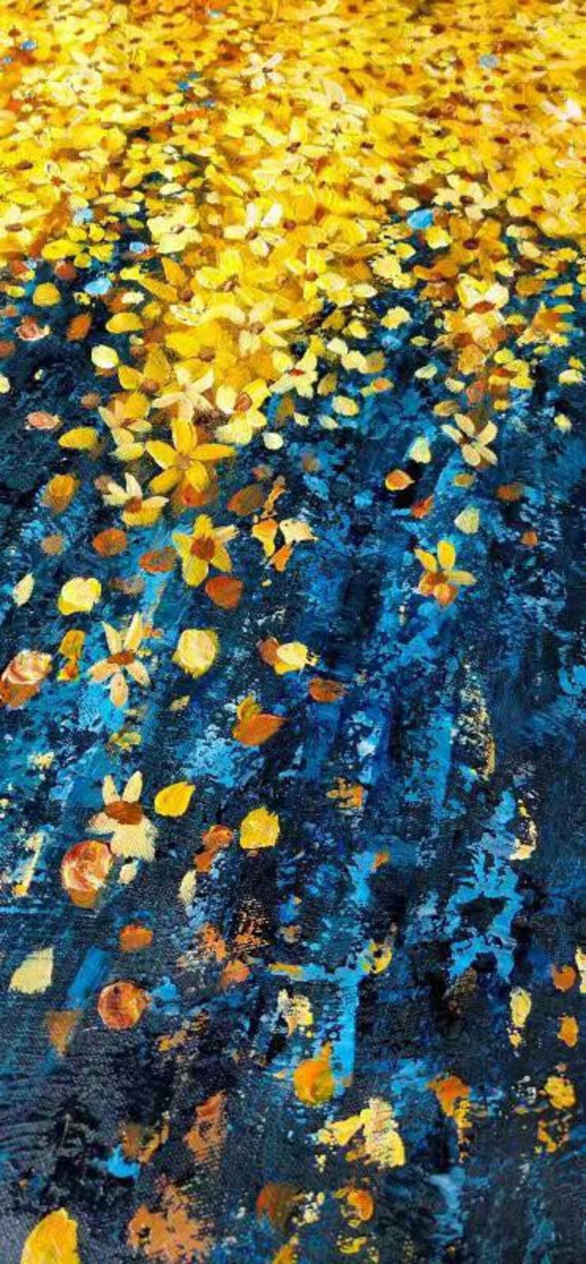 Yellow Bloom Abstract Oil Painting, Dark Turquoise - Image 2