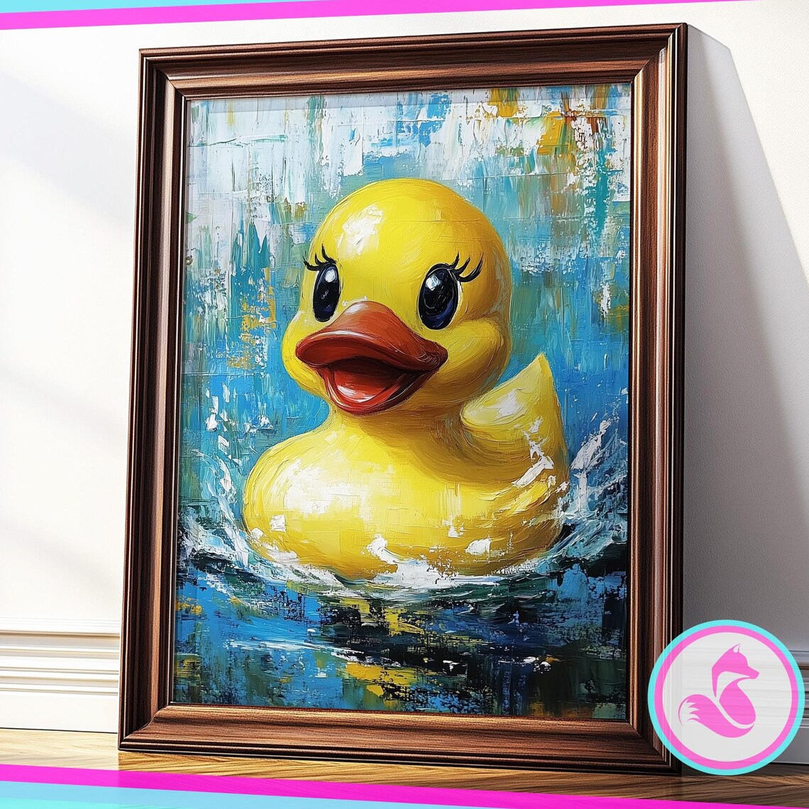 Happy Yellow Rubber Duck Oil Painting Bathroom Poster with Blue Water