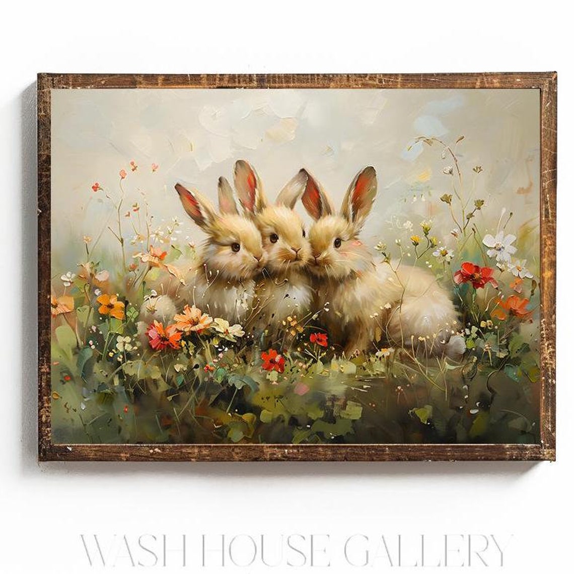 Three Baby Bunnies Cuddling In Wildflowers Easter Spring Poster