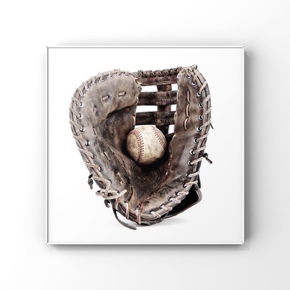 Vintage Baseball Glove and Ball White Background Classic Sports Print
