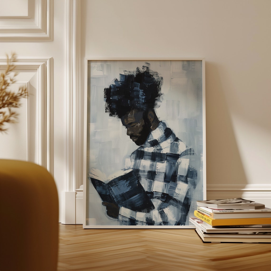 Abstract Afro Man Reading Book Muted Blue Contemporary Poster - Image 4