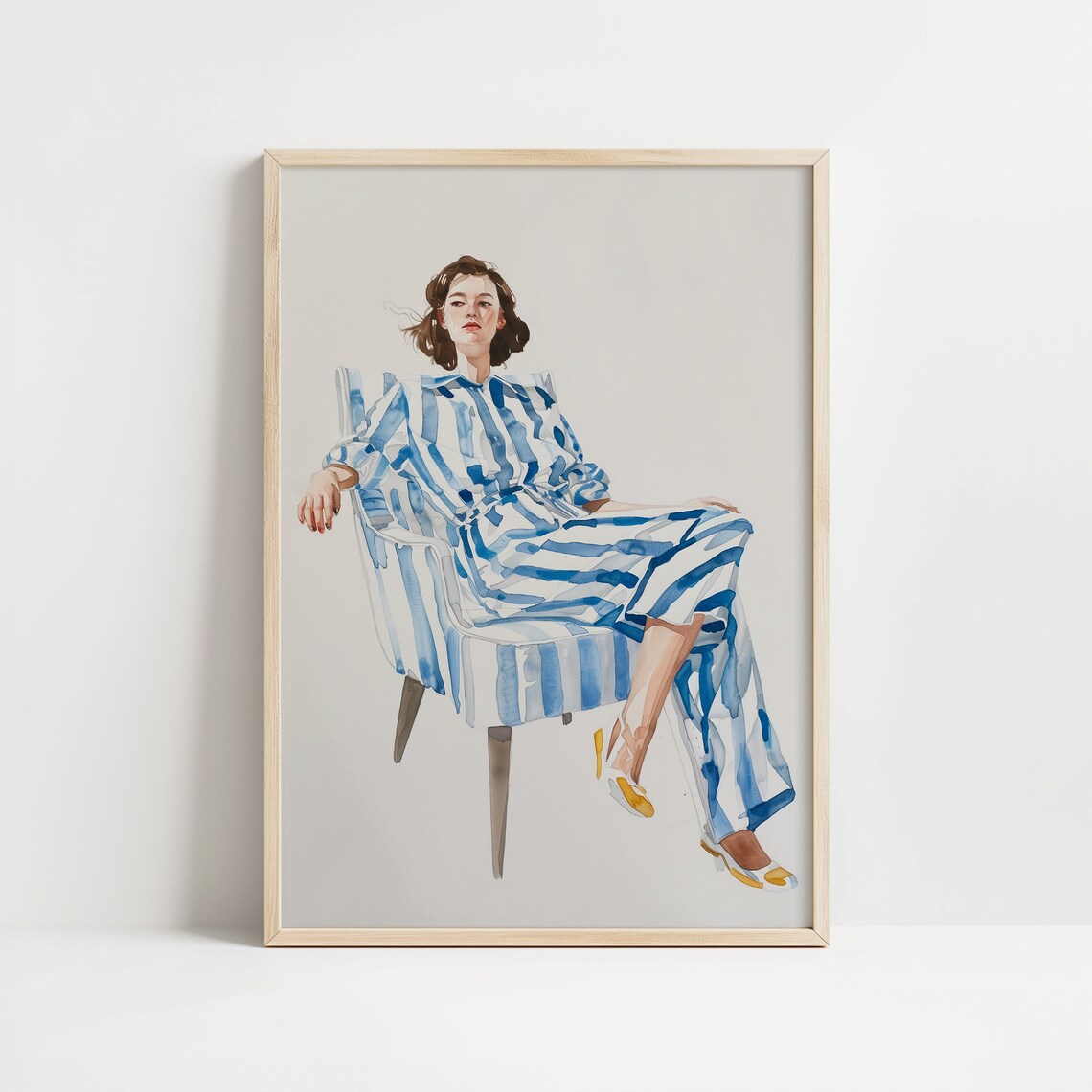 Watercolor Woman In Blue Striped Outfit Seated In A Striped Chair Print