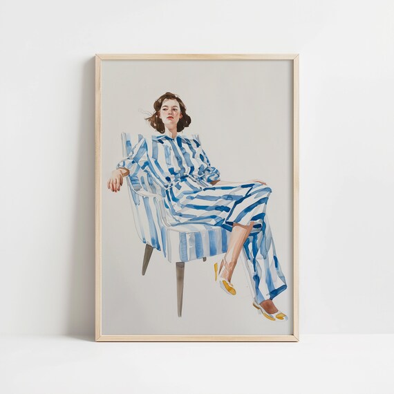 Watercolor Woman In Blue Striped Outfit Seated In A Striped Chair Print