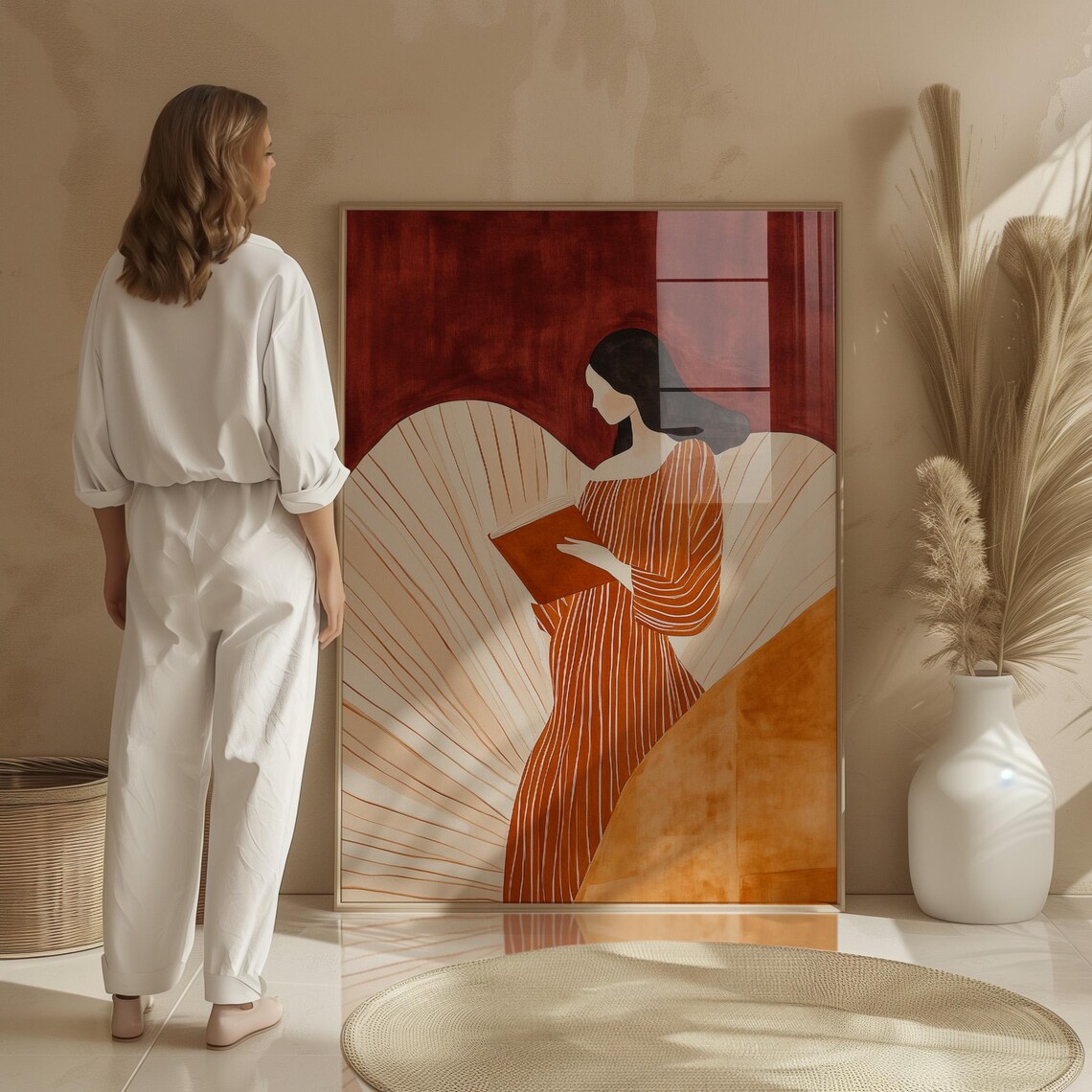 Striped Dress Woman Reading, Minimalist Art Print - Image 2