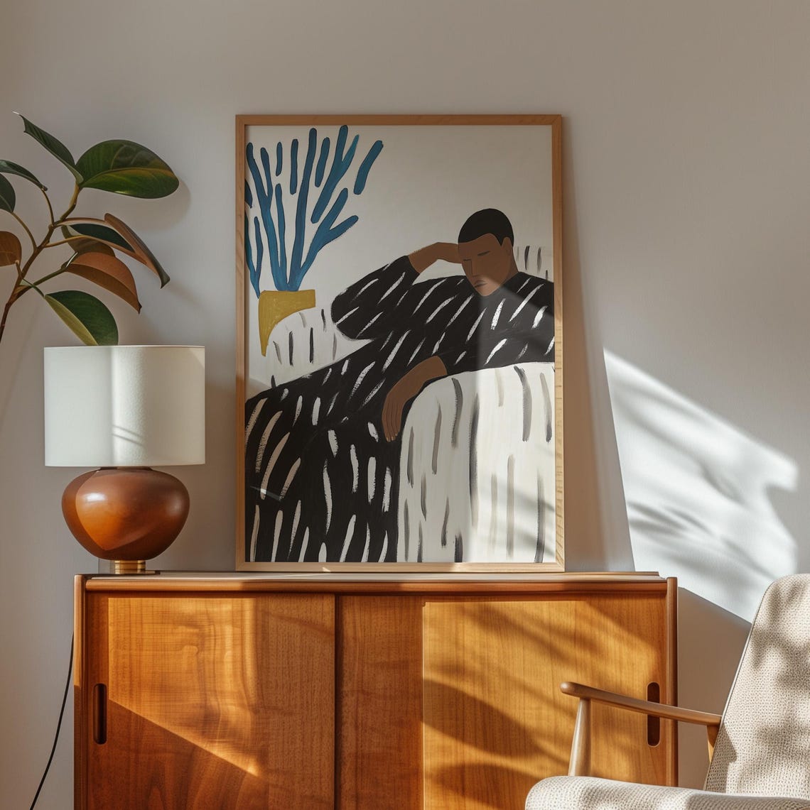 Reclining Figure in Chair With Blue Plant Minimalist Figure Poster - Image 2