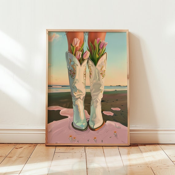 Pink Cowboy Boots Print Coastal Cowgirl Art Cowboy Boots With Tulips Poster Dorm Wall Decor Art Cute Pink Wall Art