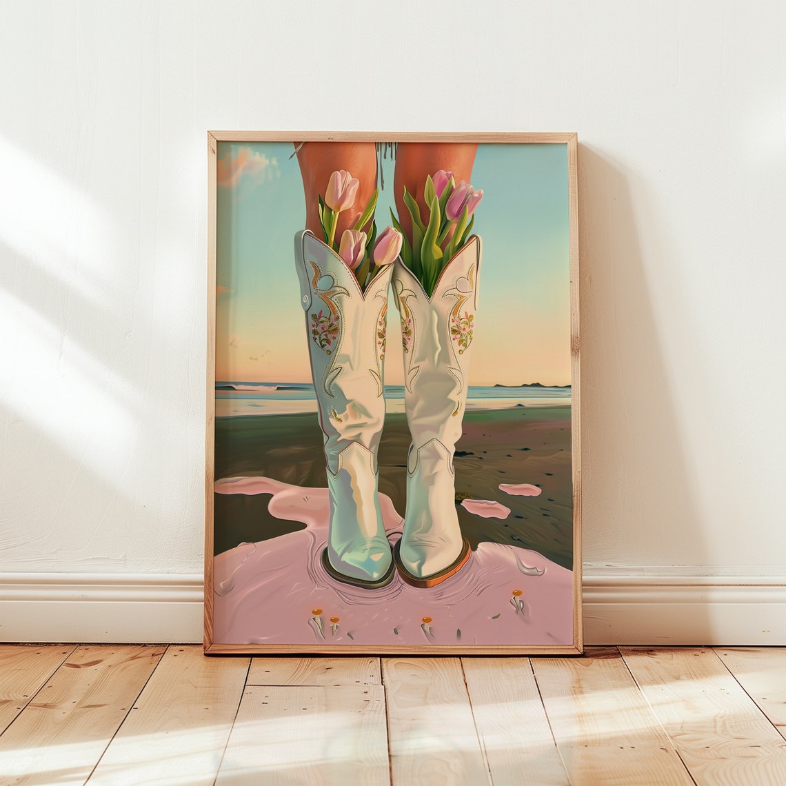 Pink Cowboy Boots Full of Tulips at Sunset Beach Floral Poster