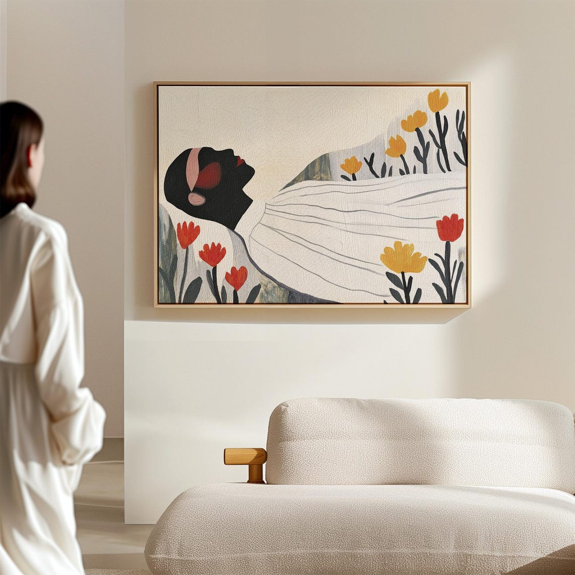 Reclining Woman in White Drapery with Red Yellow Tulips Poster