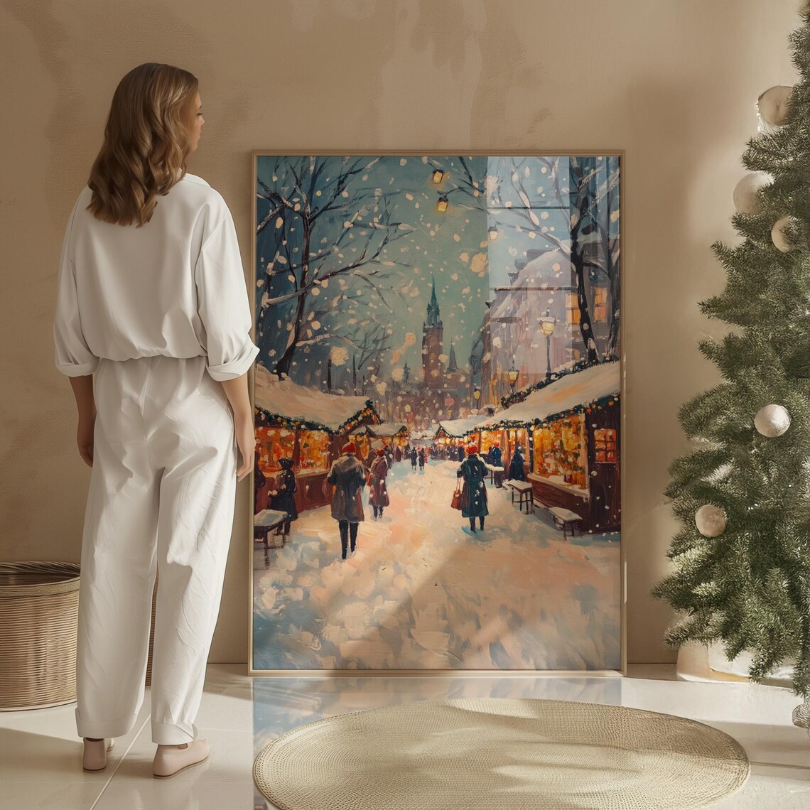 Snowy Christmas Market Street Charming Stalls Evening Lights Art Poster - Image 6