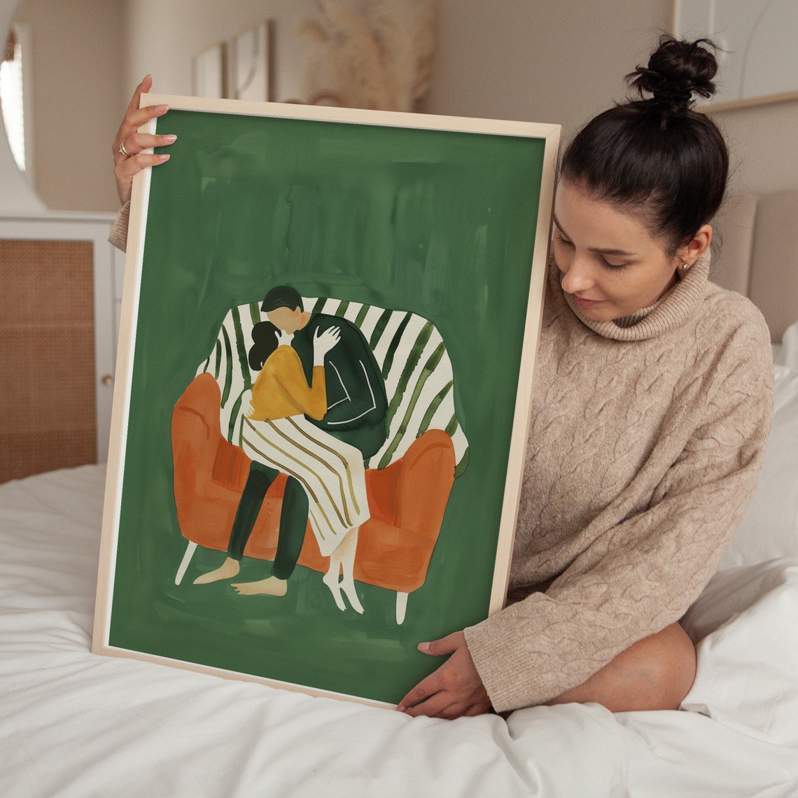 Couple Cuddling On Striped Couch Green Background Romantic Art Poster - Image 2