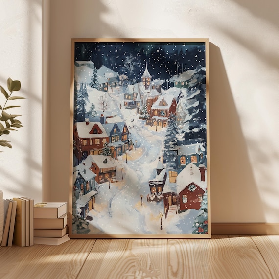 Snowy Christmas Village Night Magical Charming Cozy Winter Art Poster