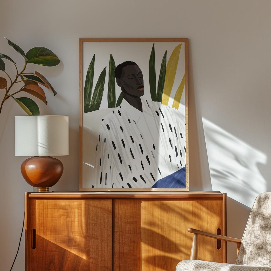 Man Portrait Art Print Modern Wall Art With Botanical Accents Minimalist Bold Neutral Home Decor Boho Living Room Art - Image 2