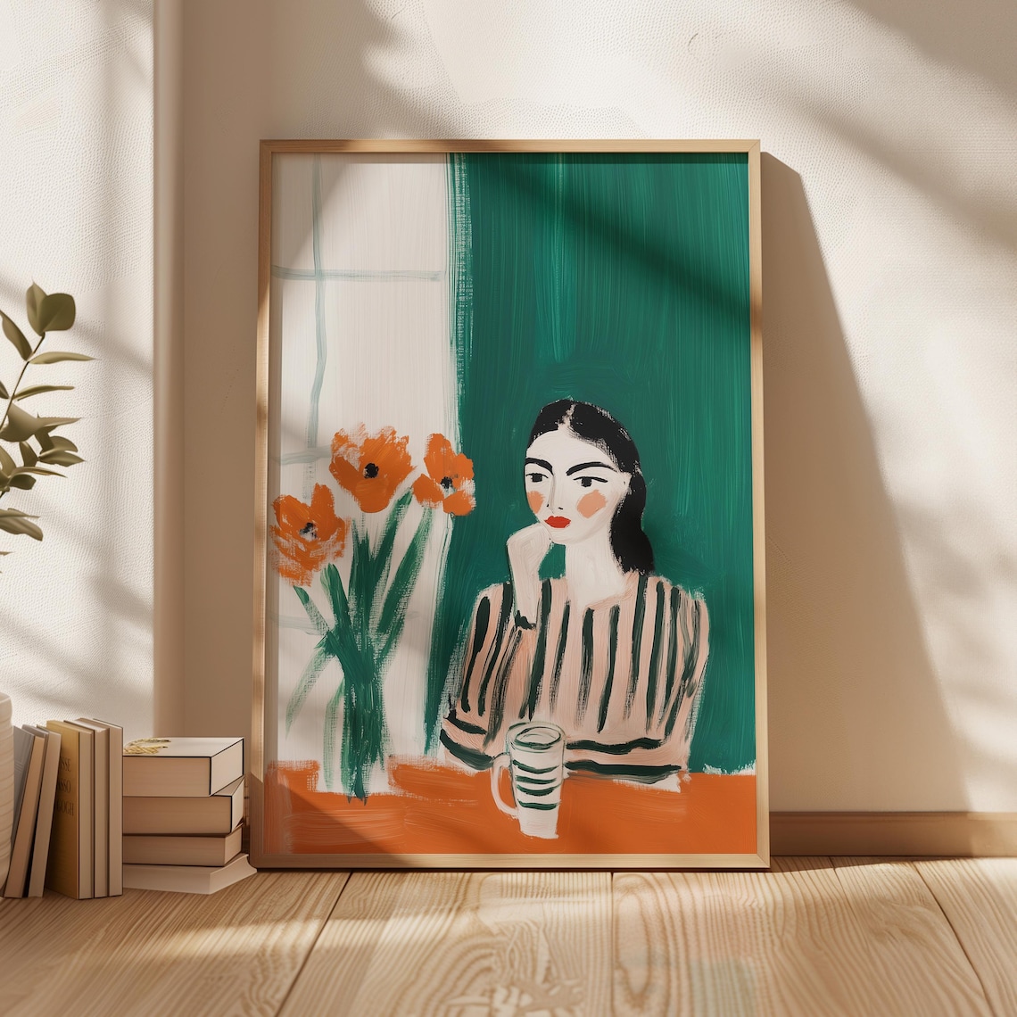 Modern Woman With Coffee And Orange Flowers, Minimalist Kitchen Decor