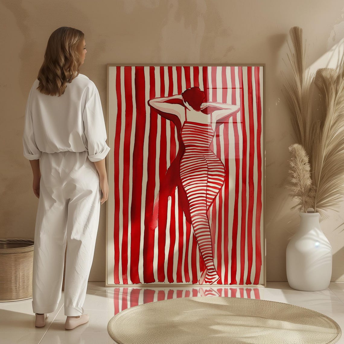 Red Striped Woman from Behind Hands Raised Elegant Art Poster - Image 3