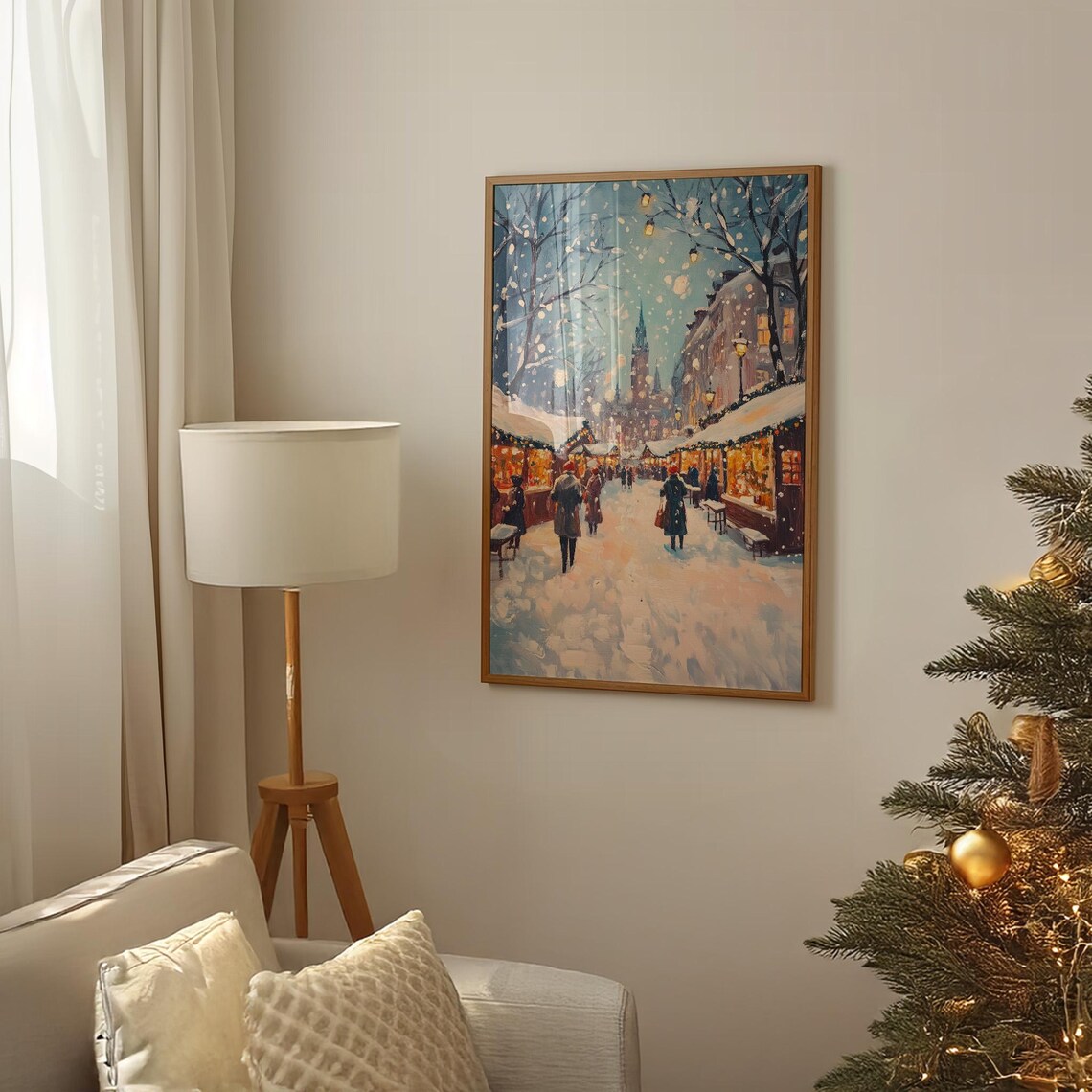Snowy Christmas Market Street Charming Stalls Evening Lights Art Poster