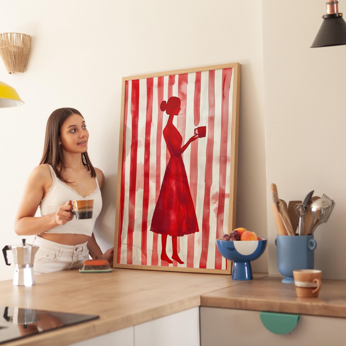 Red Silhouette Woman With Coffee, Minimalist Poster - Image 4