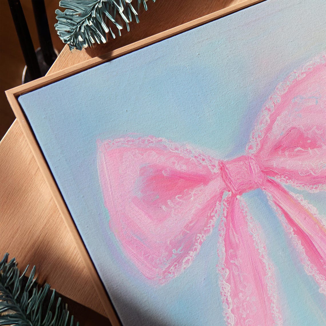 Pink Lace Bow Watercolor on Pale Blue Girly Illustration Poster - Image 4