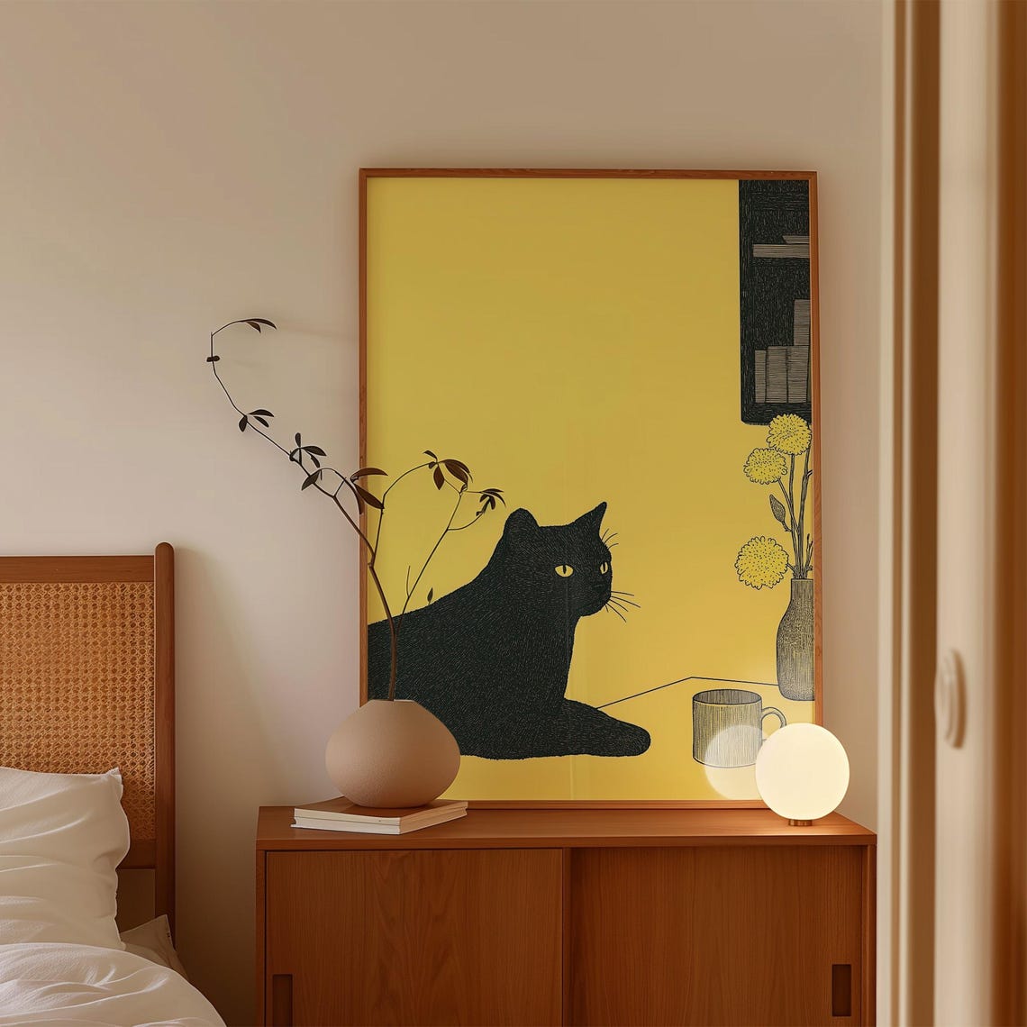 Minimalist Black Cat Bright Yellow Background Modern Art Poster - Image 3
