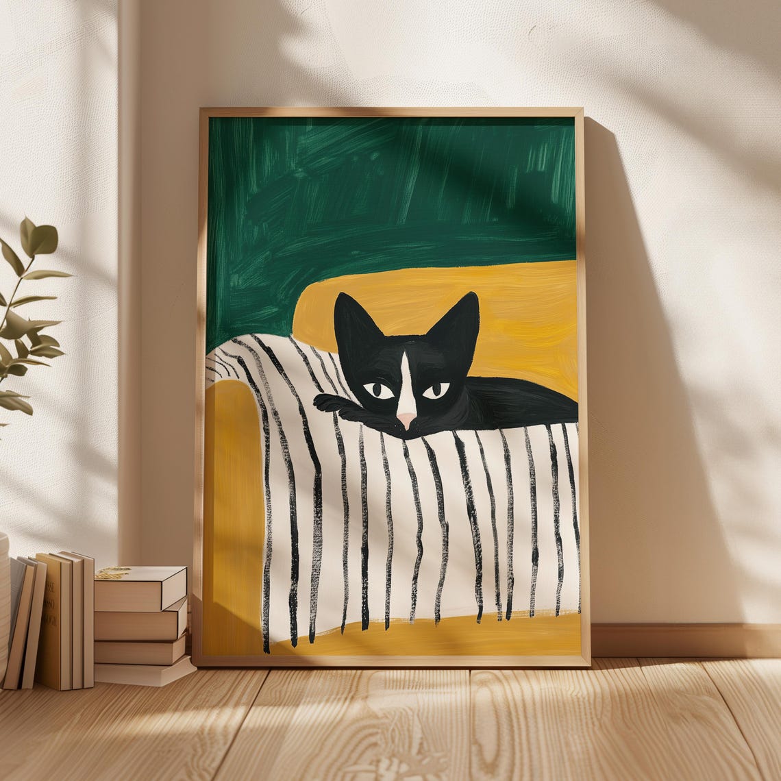 Black Cat Peeking Over Striped Blanket Playful Naive Cat Poster
