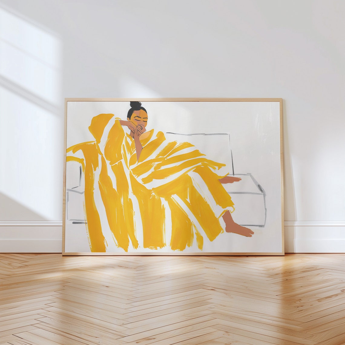 Woman Wrapped In Yellow Blanket Modern Horizontal Art Poster - Image 4