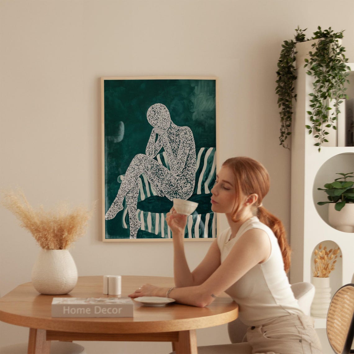 Dotted Seated Figure Lost in Thought on a Striped Bench Poster - Image 5