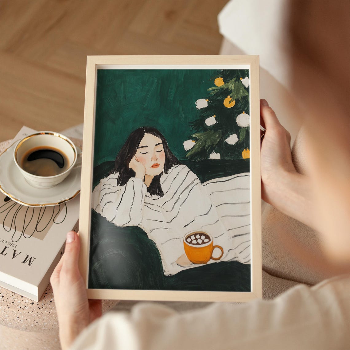 Cozy Woman Wrapped in a Blanket With Hot Cocoa by the Tree Poster - Image 4